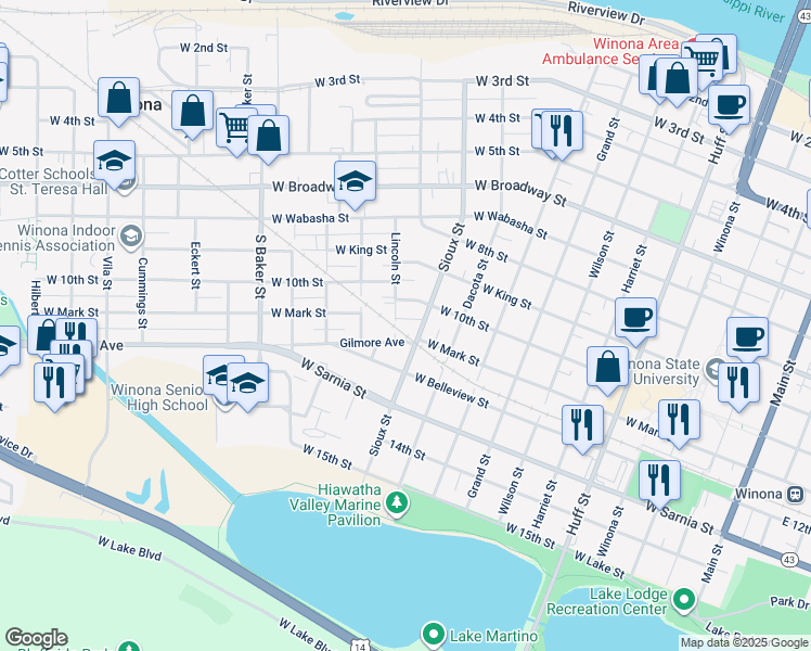 map of restaurants, bars, coffee shops, grocery stores, and more near 545 Lincoln Street in Winona
