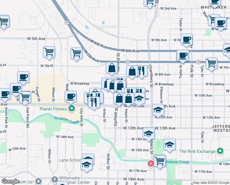map of restaurants, bars, coffee shops, grocery stores, and more near 980 Oregon 126 in Eugene