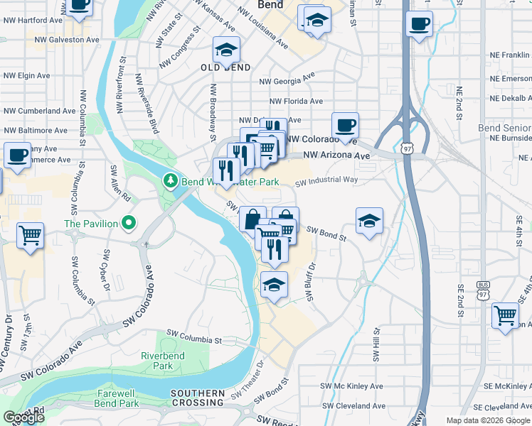 map of restaurants, bars, coffee shops, grocery stores, and more near 623 Southwest Mill View Way in Bend