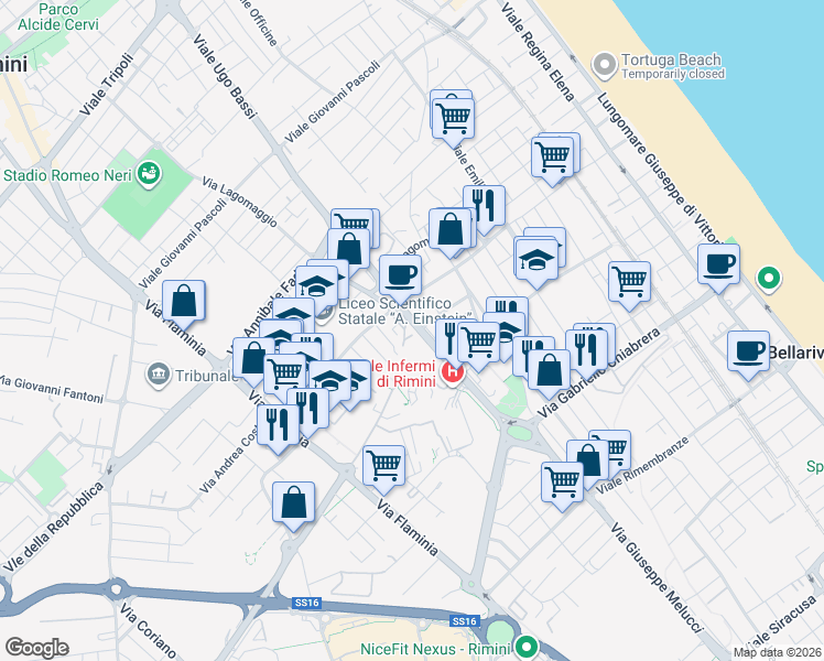 map of restaurants, bars, coffee shops, grocery stores, and more near 4 Viale Luigi Settembrini in Rimini