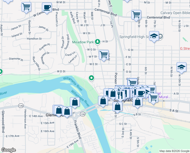 map of restaurants, bars, coffee shops, grocery stores, and more near 176 West C Street in Springfield