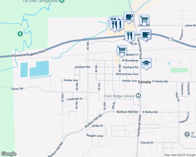 map of restaurants, bars, coffee shops, grocery stores, and more near 88117 7th Street in Veneta