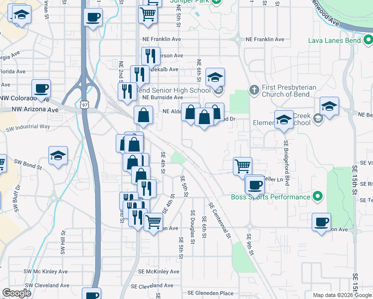 map of restaurants, bars, coffee shops, grocery stores, and more near 145 Southeast 5th Street in Bend