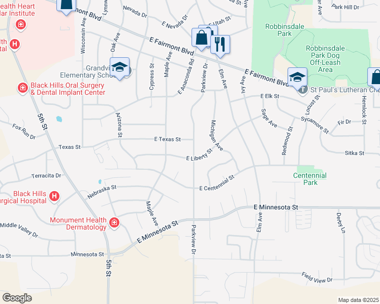 map of restaurants, bars, coffee shops, grocery stores, and more near 3707 Parkview Drive in Rapid City