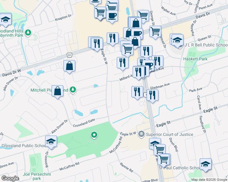 map of restaurants, bars, coffee shops, grocery stores, and more near 67 Alf Neely Way in Newmarket