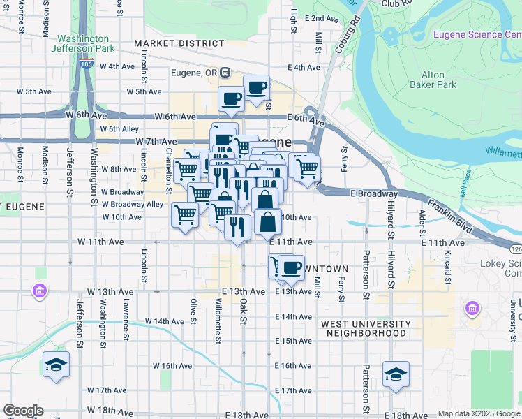map of restaurants, bars, coffee shops, grocery stores, and more near 175 East 10th Avenue in Eugene