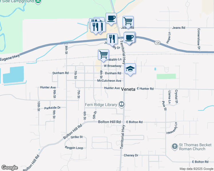 map of restaurants, bars, coffee shops, grocery stores, and more near 24999 Hunter Road in Veneta
