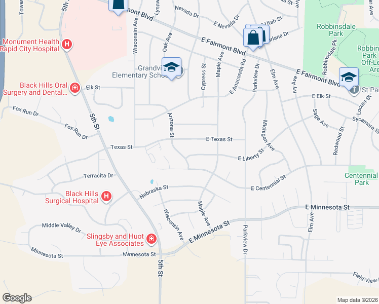 map of restaurants, bars, coffee shops, grocery stores, and more near 108 East Liberty Street in Rapid City