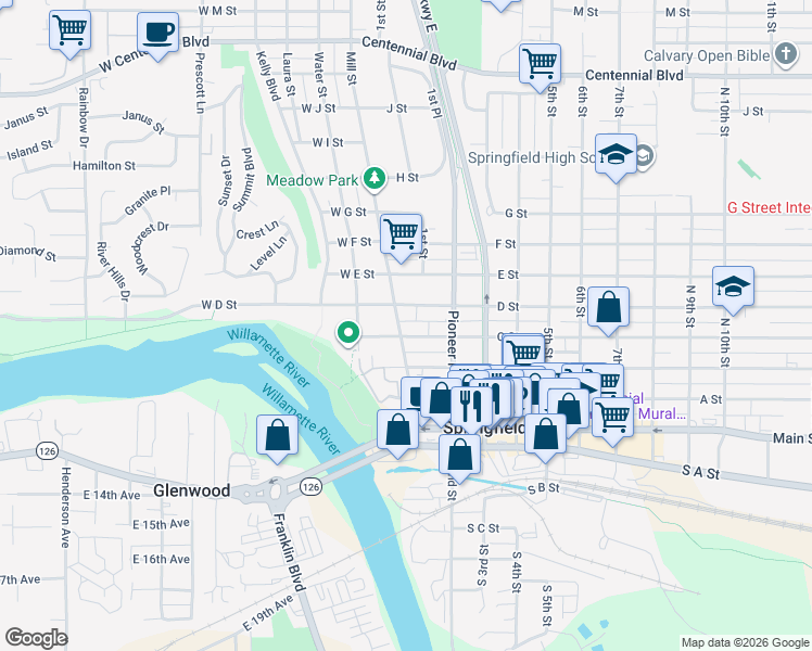 map of restaurants, bars, coffee shops, grocery stores, and more near 414 Mill Street in Springfield