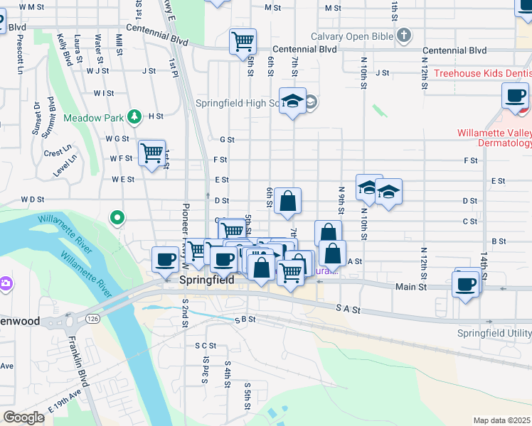 map of restaurants, bars, coffee shops, grocery stores, and more near 411 6th Street in Springfield