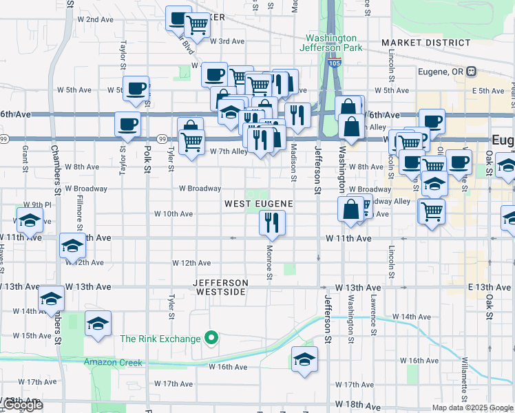 map of restaurants, bars, coffee shops, grocery stores, and more near 970 Monroe Street in Eugene