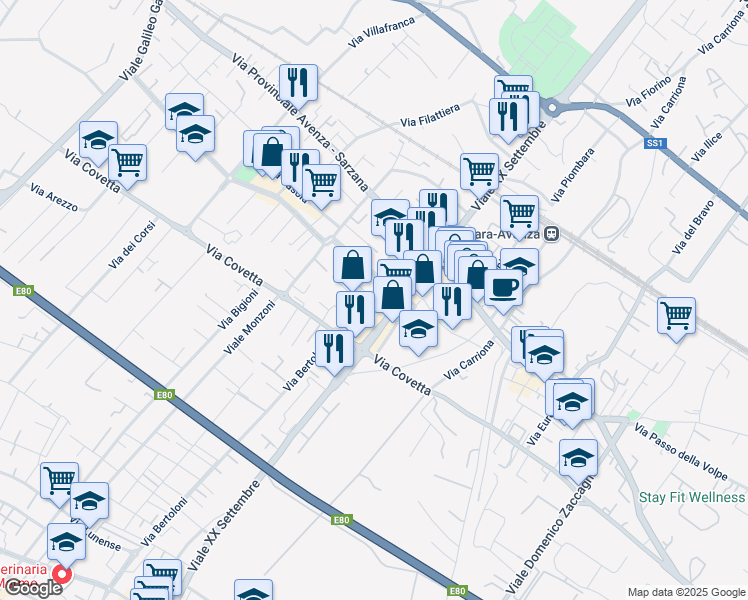 map of restaurants, bars, coffee shops, grocery stores, and more near 12 Via Fiaschi Vico in Carrara