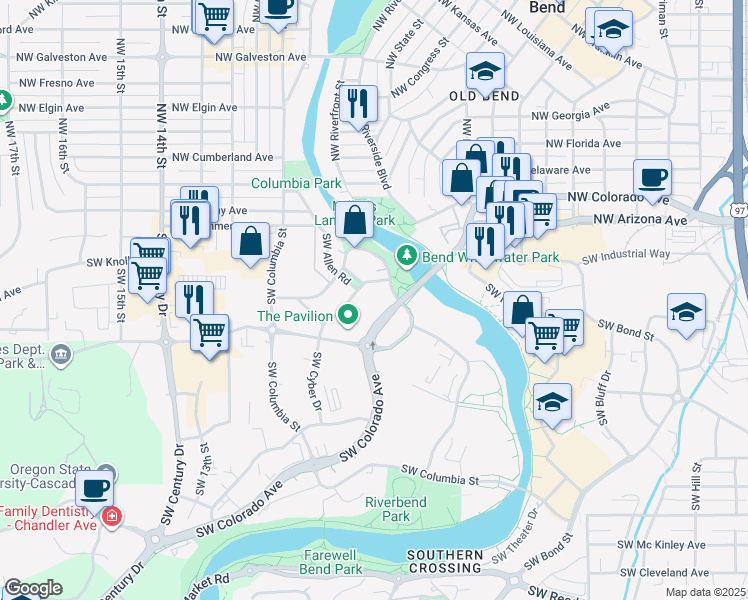 map of restaurants, bars, coffee shops, grocery stores, and more near 801 Southwest Bradbury Way in Bend