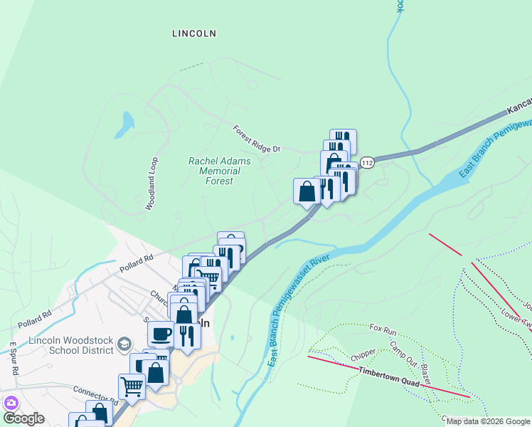 map of restaurants, bars, coffee shops, grocery stores, and more near 43 Pollard Road in Lincoln