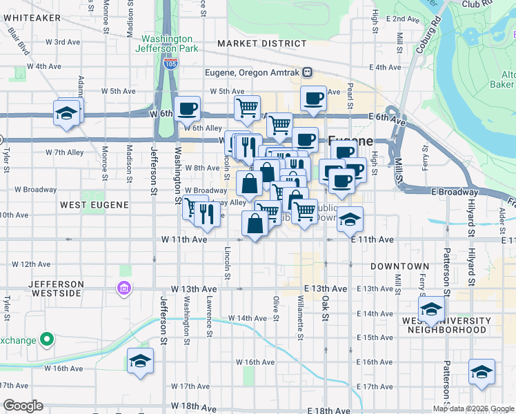 map of restaurants, bars, coffee shops, grocery stores, and more near 975 Charnelton Street in Eugene