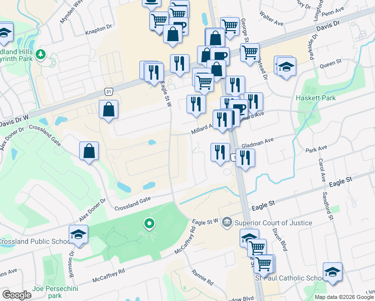 map of restaurants, bars, coffee shops, grocery stores, and more near 168 Brammar Street in Newmarket