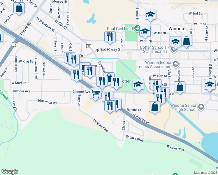 map of restaurants, bars, coffee shops, grocery stores, and more near 1488 Gilmore Avenue in Winona