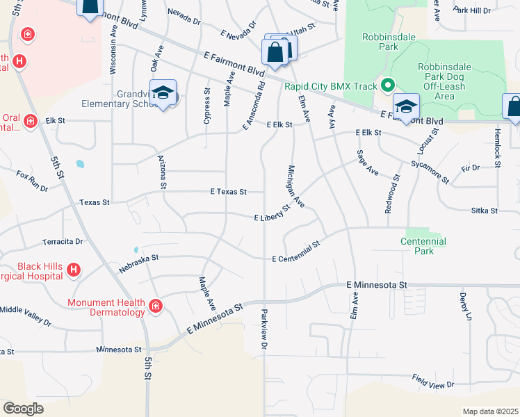 map of restaurants, bars, coffee shops, grocery stores, and more near 3707 Parkview Drive in Rapid City