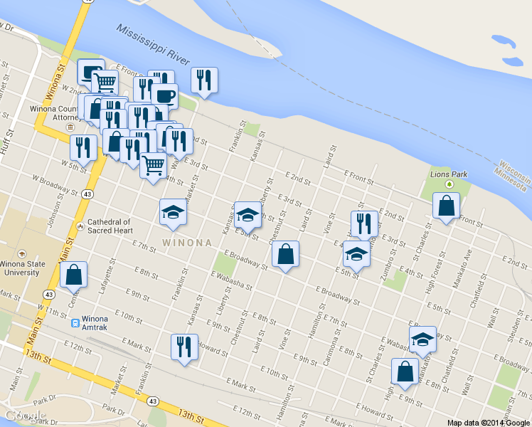 map of restaurants, bars, coffee shops, grocery stores, and more near 2 East 4th Street in Winona