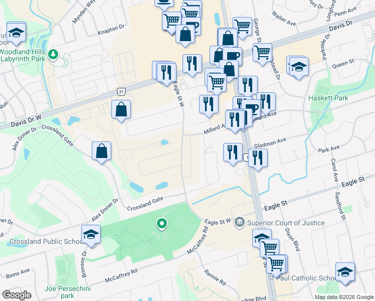 map of restaurants, bars, coffee shops, grocery stores, and more near 68 Alf Neely Way in Newmarket