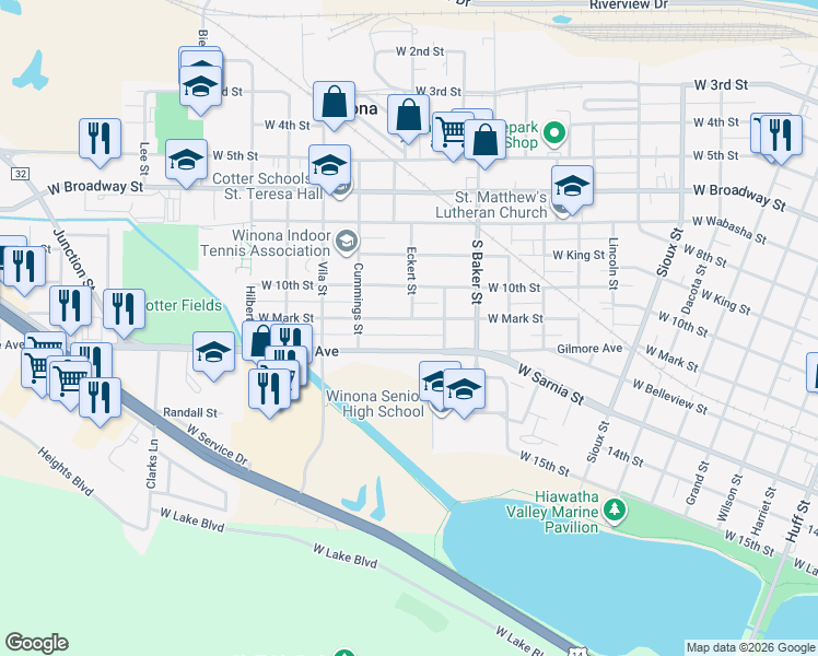 map of restaurants, bars, coffee shops, grocery stores, and more near 966 Gilmore Avenue in Winona