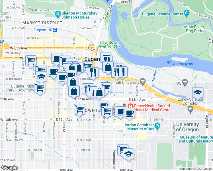 map of restaurants, bars, coffee shops, grocery stores, and more near 962 Ferry Lane in Eugene