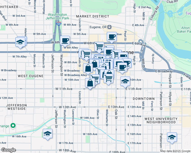 map of restaurants, bars, coffee shops, grocery stores, and more near in Eugene