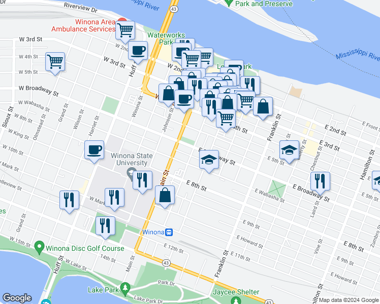 map of restaurants, bars, coffee shops, grocery stores, and more near 306 Center Street in Winona