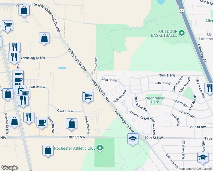 map of restaurants, bars, coffee shops, grocery stores, and more near 2300 32nd Avenue Northwest in Rochester