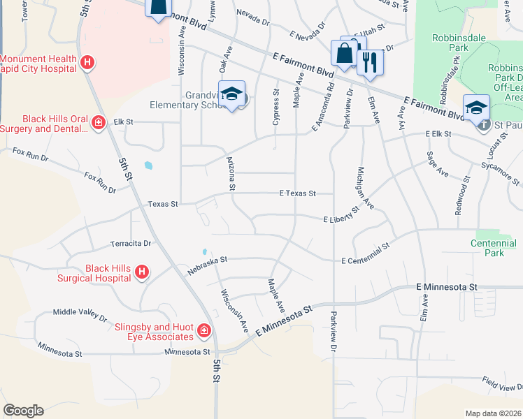 map of restaurants, bars, coffee shops, grocery stores, and more near 108 East Liberty Street in Rapid City