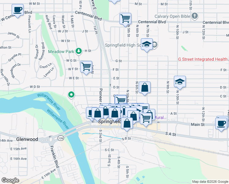 map of restaurants, bars, coffee shops, grocery stores, and more near 406 4th Street in Springfield