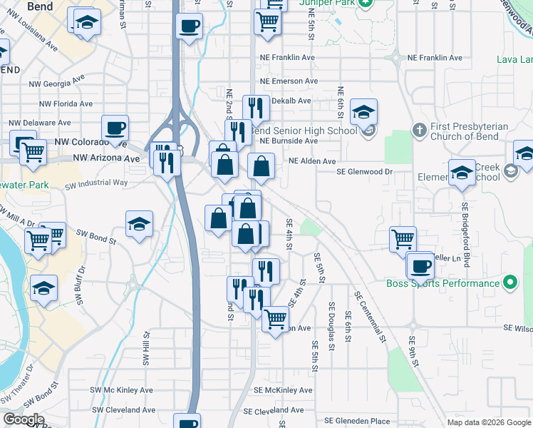 map of restaurants, bars, coffee shops, grocery stores, and more near 170 Southeast 3rd Street in Bend