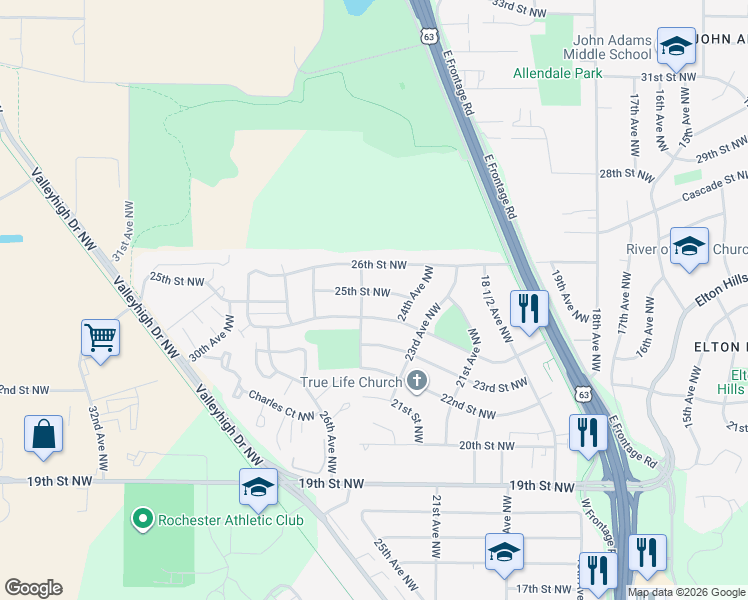map of restaurants, bars, coffee shops, grocery stores, and more near 2505 24th Street Northwest in Rochester