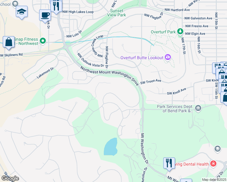 map of restaurants, bars, coffee shops, grocery stores, and more near 19566 Green Lakes Loop in Bend
