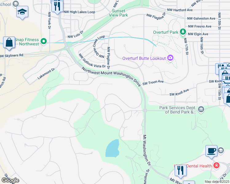 map of restaurants, bars, coffee shops, grocery stores, and more near 19566 Green Lakes Loop in Bend