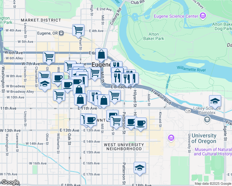 map of restaurants, bars, coffee shops, grocery stores, and more near 963 Ferry Lane in Eugene