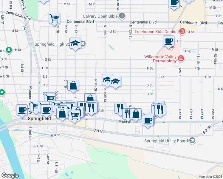 map of restaurants, bars, coffee shops, grocery stores, and more near 425 10th Street in Springfield