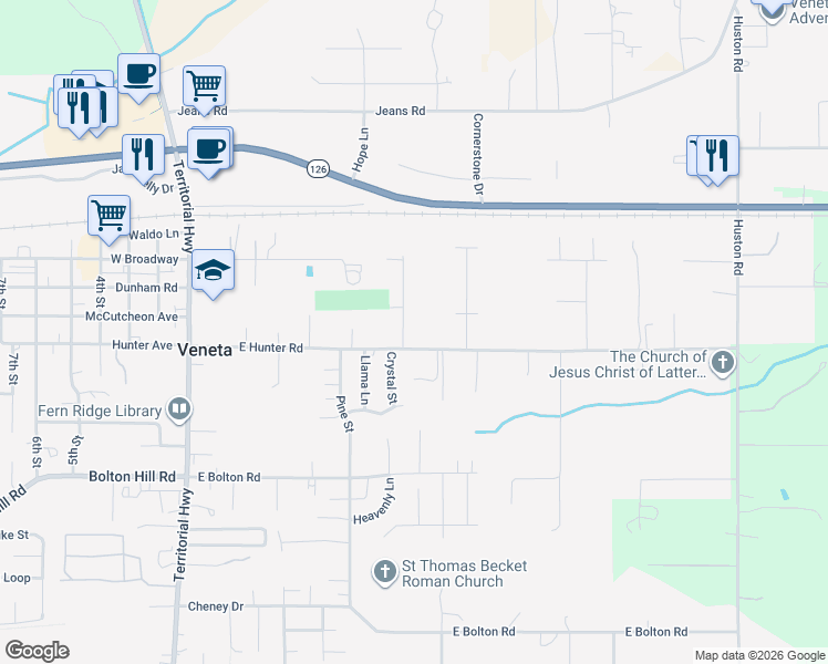 map of restaurants, bars, coffee shops, grocery stores, and more near 88087 Crystal Street in Veneta