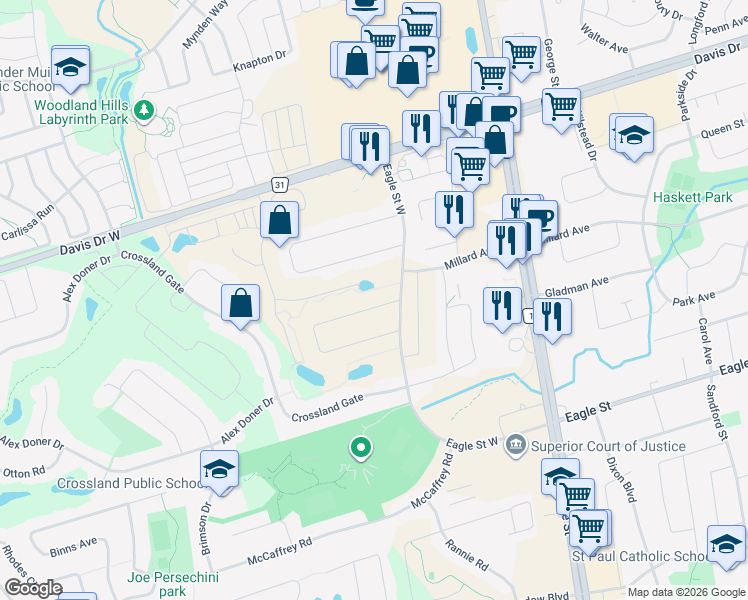 map of restaurants, bars, coffee shops, grocery stores, and more near 135 Glenway Circle in Newmarket