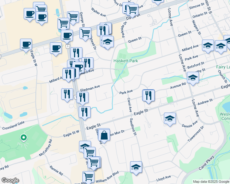 map of restaurants, bars, coffee shops, grocery stores, and more near 118 Park Avenue in Newmarket