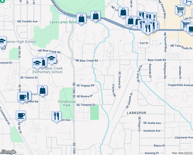 map of restaurants, bars, coffee shops, grocery stores, and more near 145 Southeast Dorrie Court in Bend