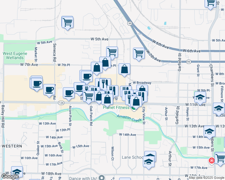 map of restaurants, bars, coffee shops, grocery stores, and more near 960 Wilson Street in Eugene