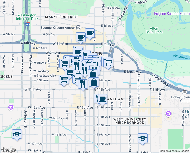 map of restaurants, bars, coffee shops, grocery stores, and more near 175 East 10th Avenue in Eugene