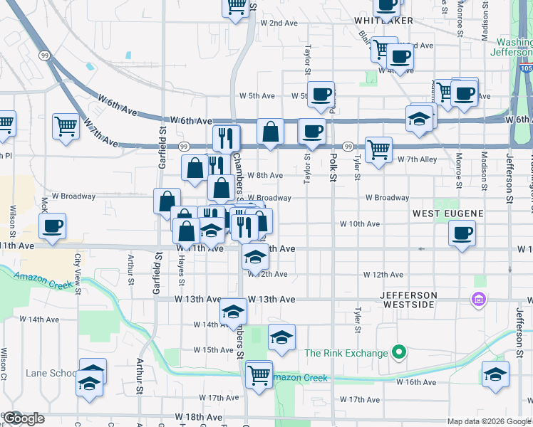 map of restaurants, bars, coffee shops, grocery stores, and more near 992 Fillmore Street in Eugene