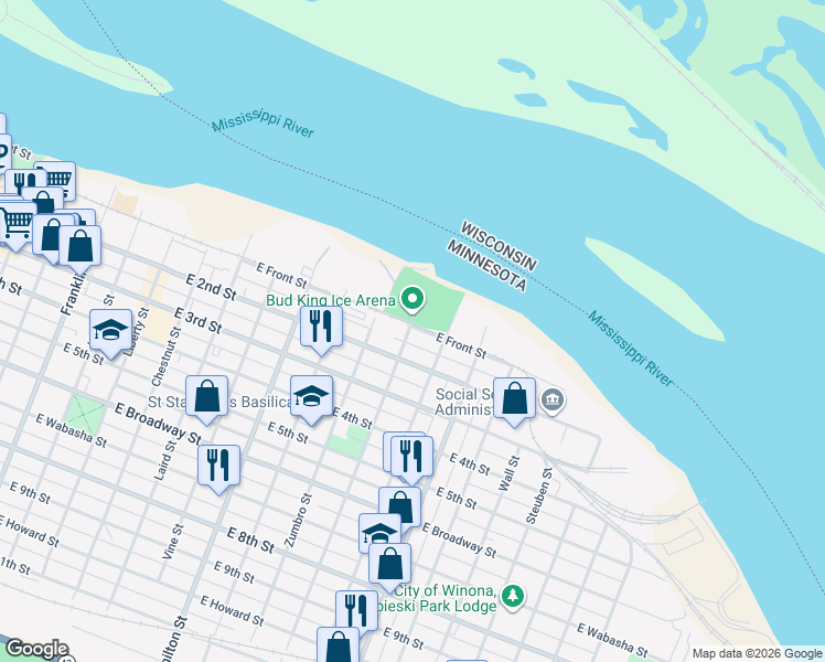 map of restaurants, bars, coffee shops, grocery stores, and more near 701 East Front Street in Winona