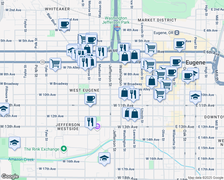 map of restaurants, bars, coffee shops, grocery stores, and more near 996 Jefferson Street in Eugene
