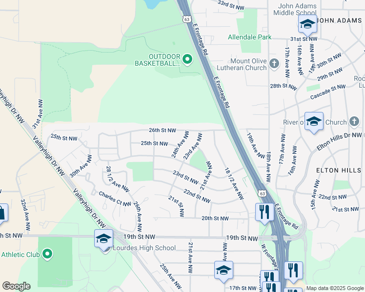 map of restaurants, bars, coffee shops, grocery stores, and more near 2417 23rd Avenue Northwest in Rochester