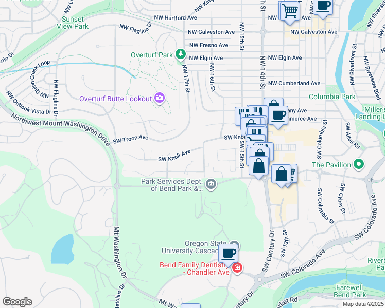 map of restaurants, bars, coffee shops, grocery stores, and more near 1737 Southwest Knoll Avenue in Bend
