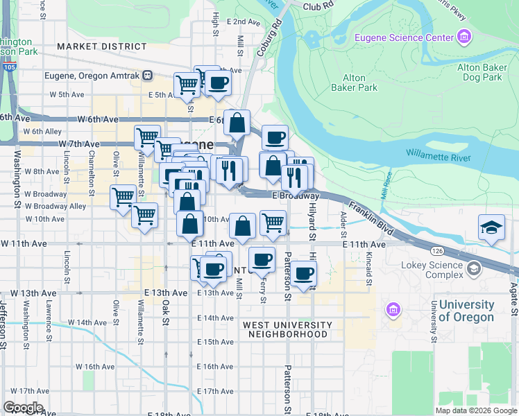 map of restaurants, bars, coffee shops, grocery stores, and more near 1030 Ferry Street in Eugene