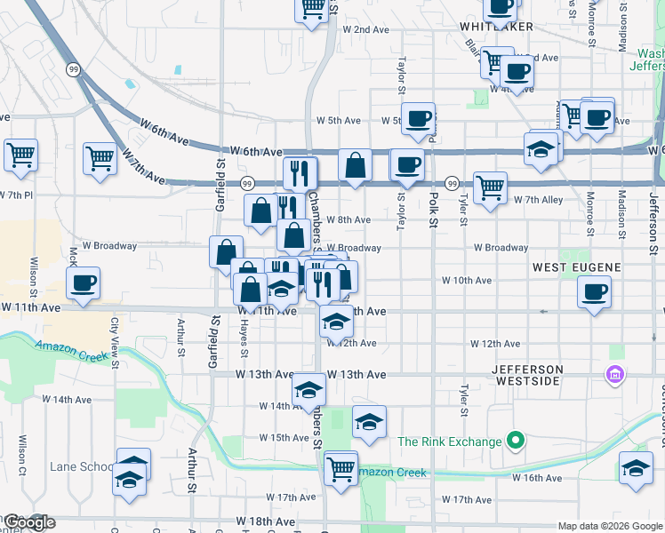 map of restaurants, bars, coffee shops, grocery stores, and more near 992 Fillmore Street in Eugene